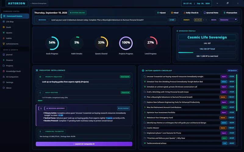 ASTERION Command Centre showing daily planning, quests, and progress.